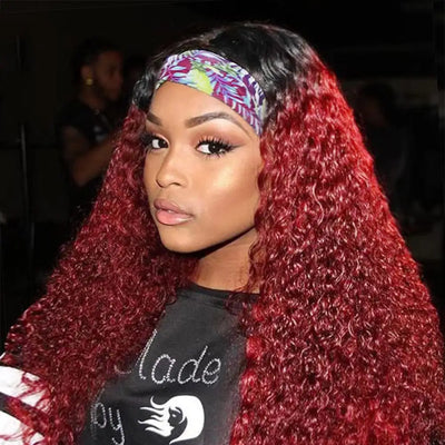 XSY Dark Root Burgundy Deep Wave Headband Wig 1B/99J Colored Virgin Human Hair Wig
