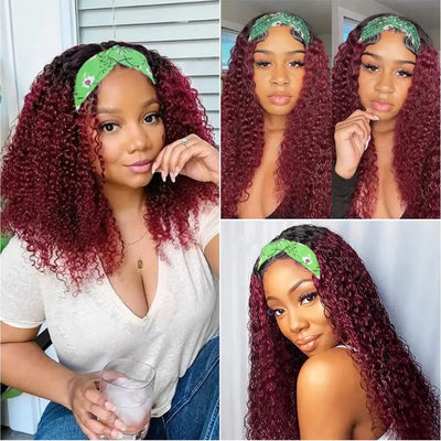 XSY Dark Root Burgundy Deep Wave Headband Wig 1B/99J Colored Virgin Human Hair Wig