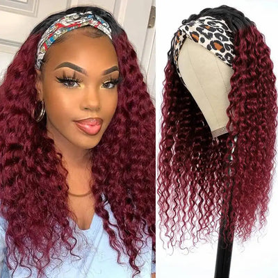 XSY Dark Root Burgundy Deep Wave Headband Wig 1B/99J Colored Virgin Human Hair Wig