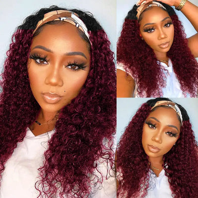 XSY Dark Root Burgundy Deep Wave Headband Wig 1B/99J Colored Virgin Human Hair Wig