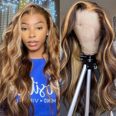 SENSAIRUITE Highlight Ombre 13x4 Lace Frontal Body Wave Wig 4/27 Colored Remy Human Hair Wig