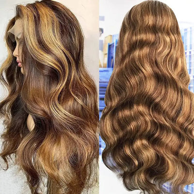 SENSAIRUITE Highlight Ombre 13x4 Lace Frontal Body Wave Wig 4/27 Colored Remy Human Hair Wig