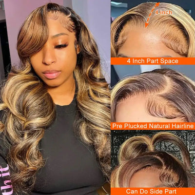 SENSAIRUITE Highlight Ombre 13x4 Lace Frontal Body Wave Wig 4/27 Colored Remy Human Hair Wig