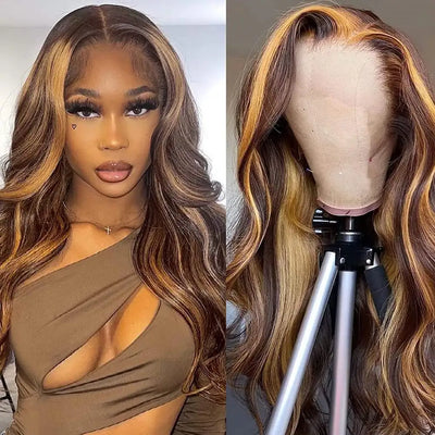 SENSAIRUITE Highlight Ombre 13x4 Lace Frontal Body Wave Wig 4/27 Colored Remy Human Hair Wig