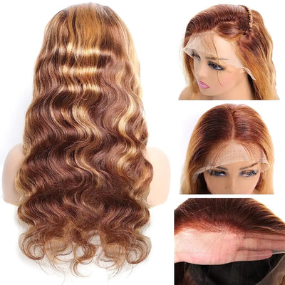 SENSAIRUITE Highlight Ombre 13x4 Lace Frontal Body Wave Wig 4/27 Colored Remy Human Hair Wig