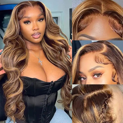 SENSAIRUITE Highlight Ombre 13x4 Lace Frontal Body Wave Wig 4/27 Colored Remy Human Hair Wig