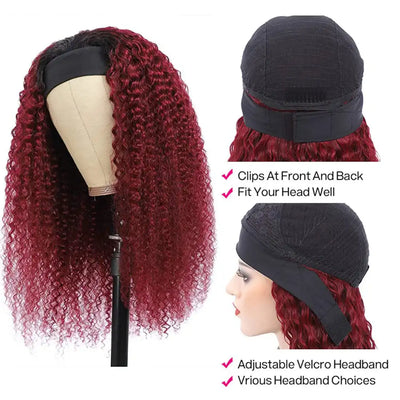 REBASAR Burgundy Deep Wave Headband Wig 99J Colored Remy Human Hair Wig 150 Density