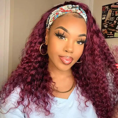 REBASAR Burgundy Deep Wave Headband Wig 99J Colored Remy Human Hair Wig 150 Density
