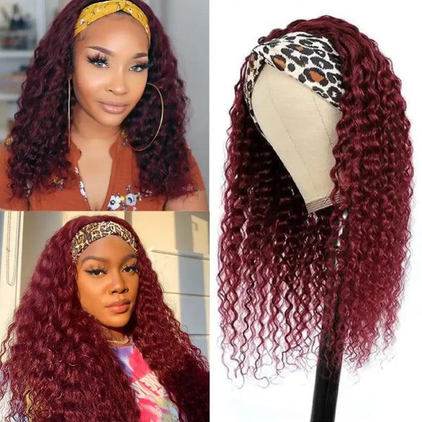 REBASAR Burgundy Deep Wave Headband Wig 99J Colored Remy Human Hair Wig 150 Density