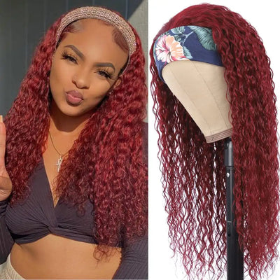 REBASAR Burgundy Deep Wave Headband Wig 99J Colored Remy Human Hair Wig 150 Density