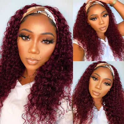 REBASAR Burgundy Deep Wave Headband Wig 99J Colored Remy Human Hair Wig 150 Density