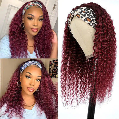 REBASAR Burgundy Deep Wave Headband Wig 99J Colored Remy Human Hair Wig 150 Density