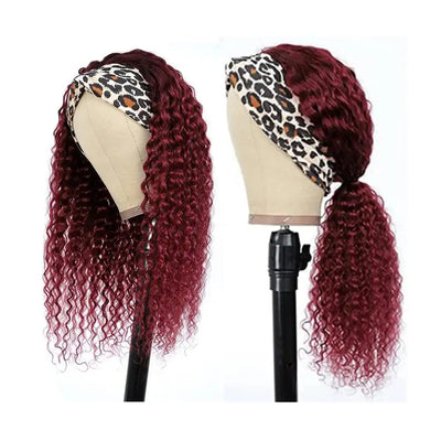 REBASAR Burgundy Deep Wave Headband Wig 99J Colored Remy Human Hair Wig 150 Density