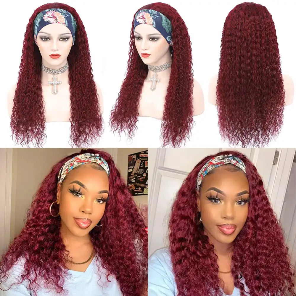 REBASAR Burgundy Deep Wave Headband Wig 99J Colored Remy Human Hair Wig 150 Density