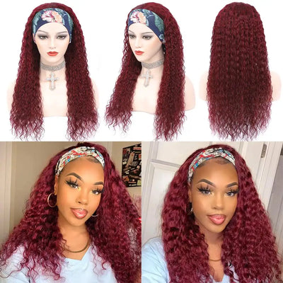 REBASAR Burgundy Deep Wave Headband Wig 99J Colored Remy Human Hair Wig 150 Density