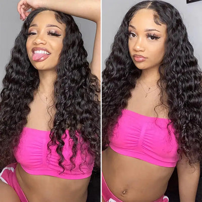 QUEENSET High Transparency Lace Front Deep Wave Pre-Plucked Natural Remy Human Hair Wig 180 Density