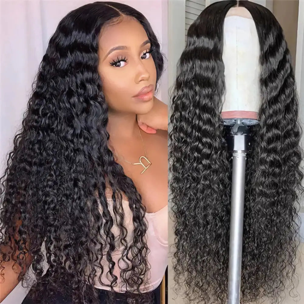QUEENSET High Transparency Lace Front Deep Wave Pre-Plucked Natural Remy Human Hair Wig 180 Density