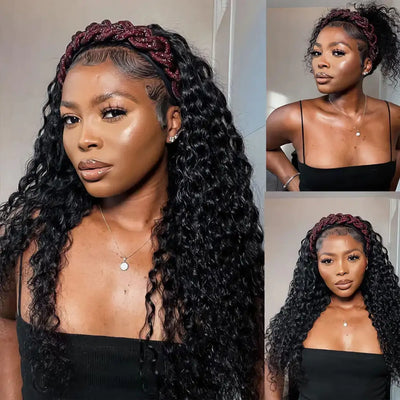 LAUBERITA Throw On & Go Deep Wave Human Hair Headband Wig Hassle-free Remy Hair Wig