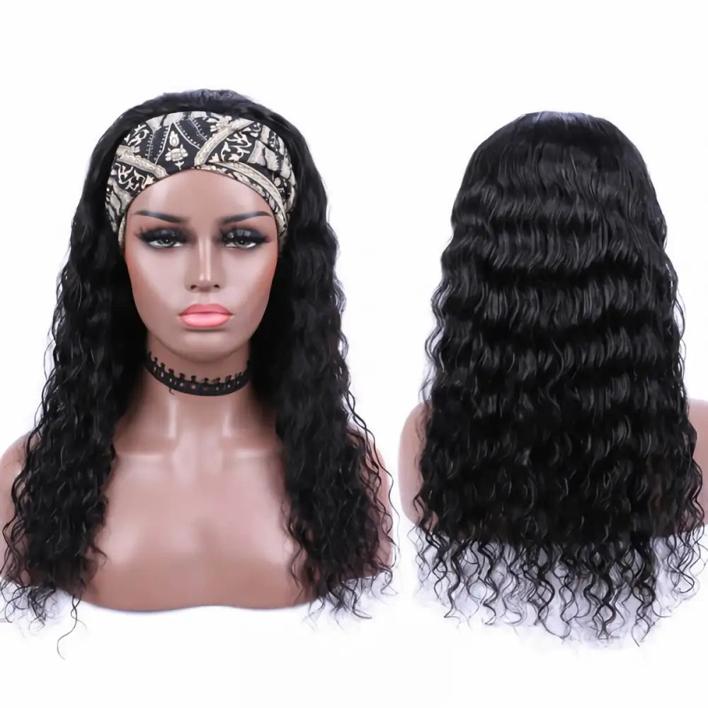 YOUNGIRL Natural Bouncy Curls Deep Wave Headband Wig Brazillian Human Hair Made