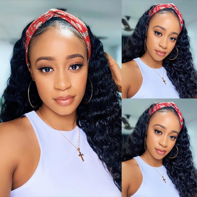 FEIBIN Deep Wave Headband Wig 100% Remy Human Hair Made with Bands