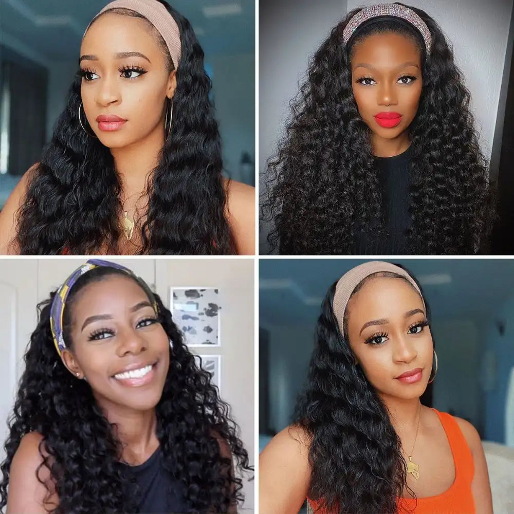 REBASAR No Lace Deep Wave Headband Wig Remy Hair Made With Bands