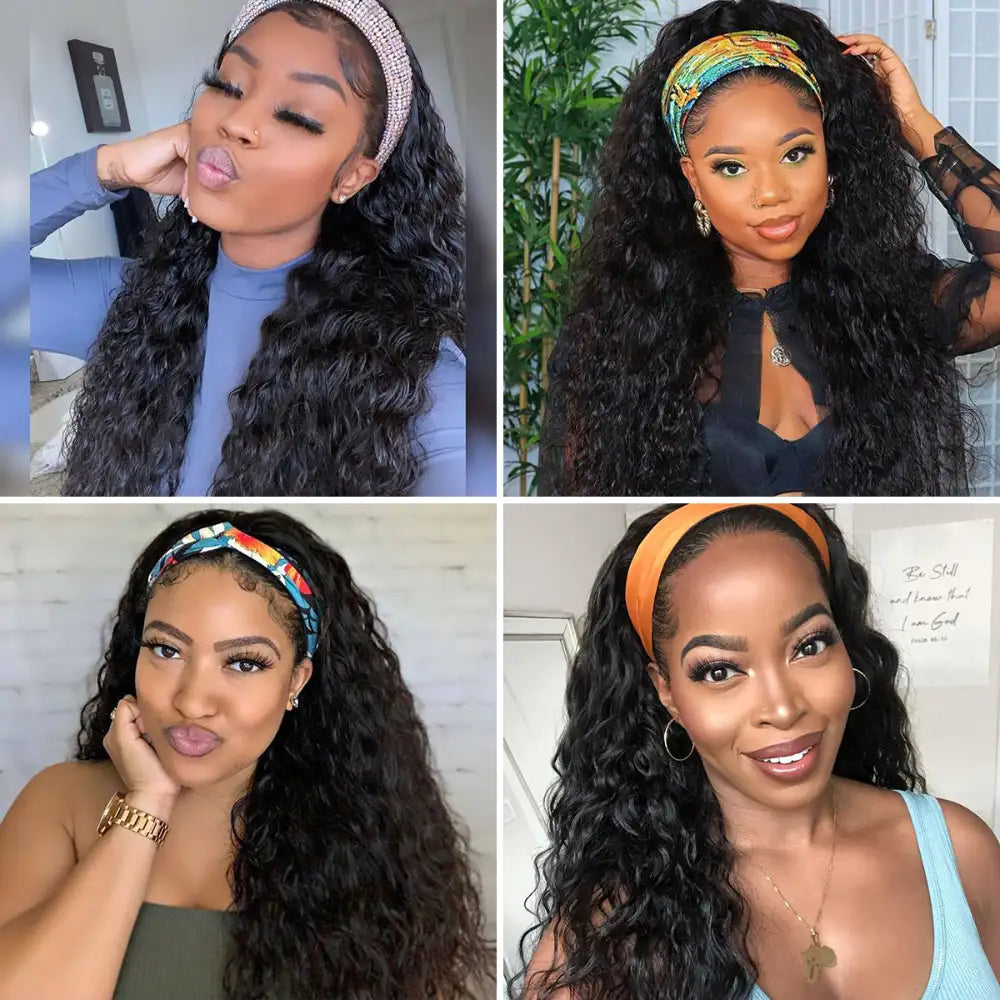 YOUNGIRL Natural Bouncy Curls Deep Wave Headband Wig Brazillian Human Hair Made