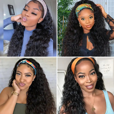 YOUNGIRL Natural Bouncy Curls Deep Wave Headband Wig Brazillian Human Hair Made