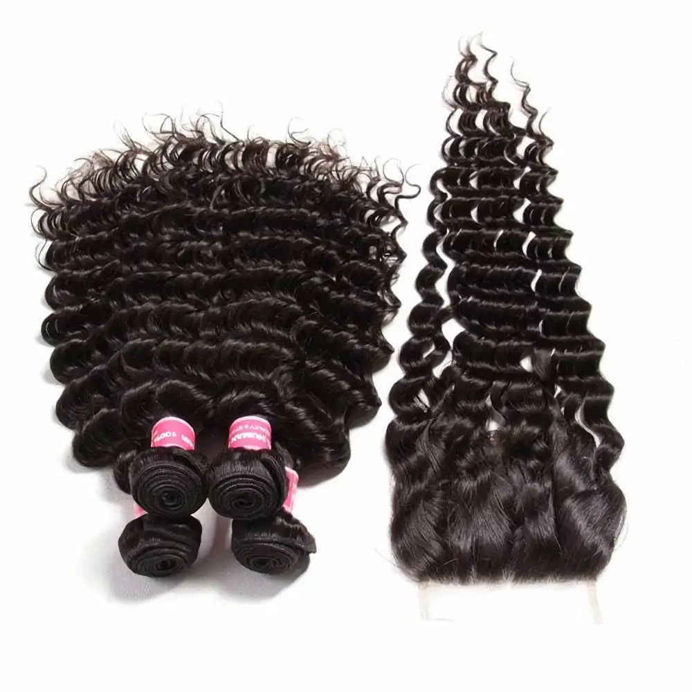 GENEROUSIES Deep Curly Wave Hair Bundles with 4x4 Invisible Lace Closure Brazillian Human Hair Quick Weft Weaves