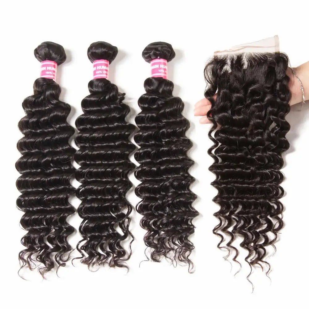 GENEROUSIES Deep Curly Wave Hair Bundles with 4x4 Invisible Lace Closure Brazillian Human Hair Quick Weft Weaves