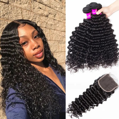 GENEROUSIES Deep Curly Wave Hair Bundles with 4x4 Invisible Lace Closure Brazillian Human Hair Quick Weft Weaves
