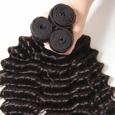 GENEROUSIES Deep Curly Wave Hair Bundles with 4x4 Invisible Lace Closure Brazillian Human Hair Quick Weft Weaves