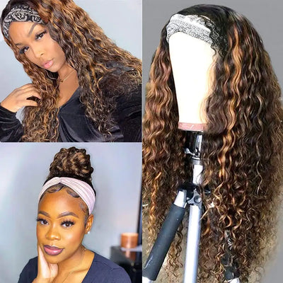 NICMISS Highlight Ombre Blonde Deep Wave Headband Wig Virgin Brazillian Hair Wig with Bands