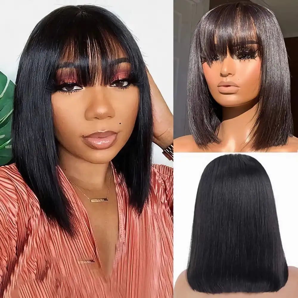 WENYAN Glueless No Lace Short Bob Wig Full Machine Made Beginner Friendly Human Hair Wig