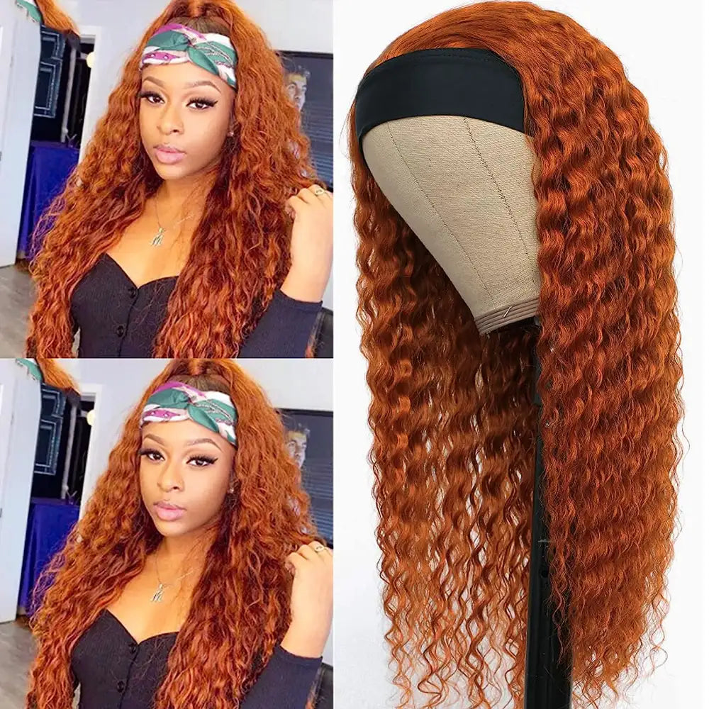 NICMISS Orange Ginger Deep Wave Headband Wig #350 Colored Virgin Human Hair Wig 150 Density