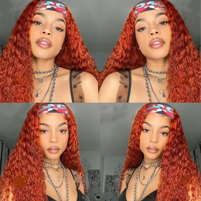 NICMISS Orange Ginger Deep Wave Headband Wig #350 Colored Virgin Human Hair Wig 150 Density