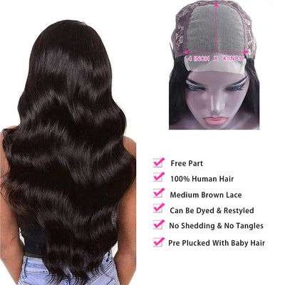 HERTUNE 4x4 HD Lace Closure Pre-Plucked Body Wave Real Human Hair Wig 150 Density