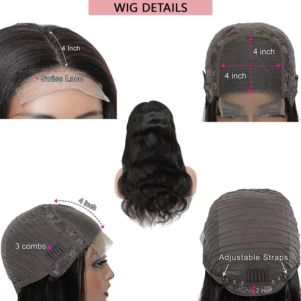 HERTUNE 4x4 HD Lace Closure Pre-Plucked Body Wave Real Human Hair Wig 150 Density