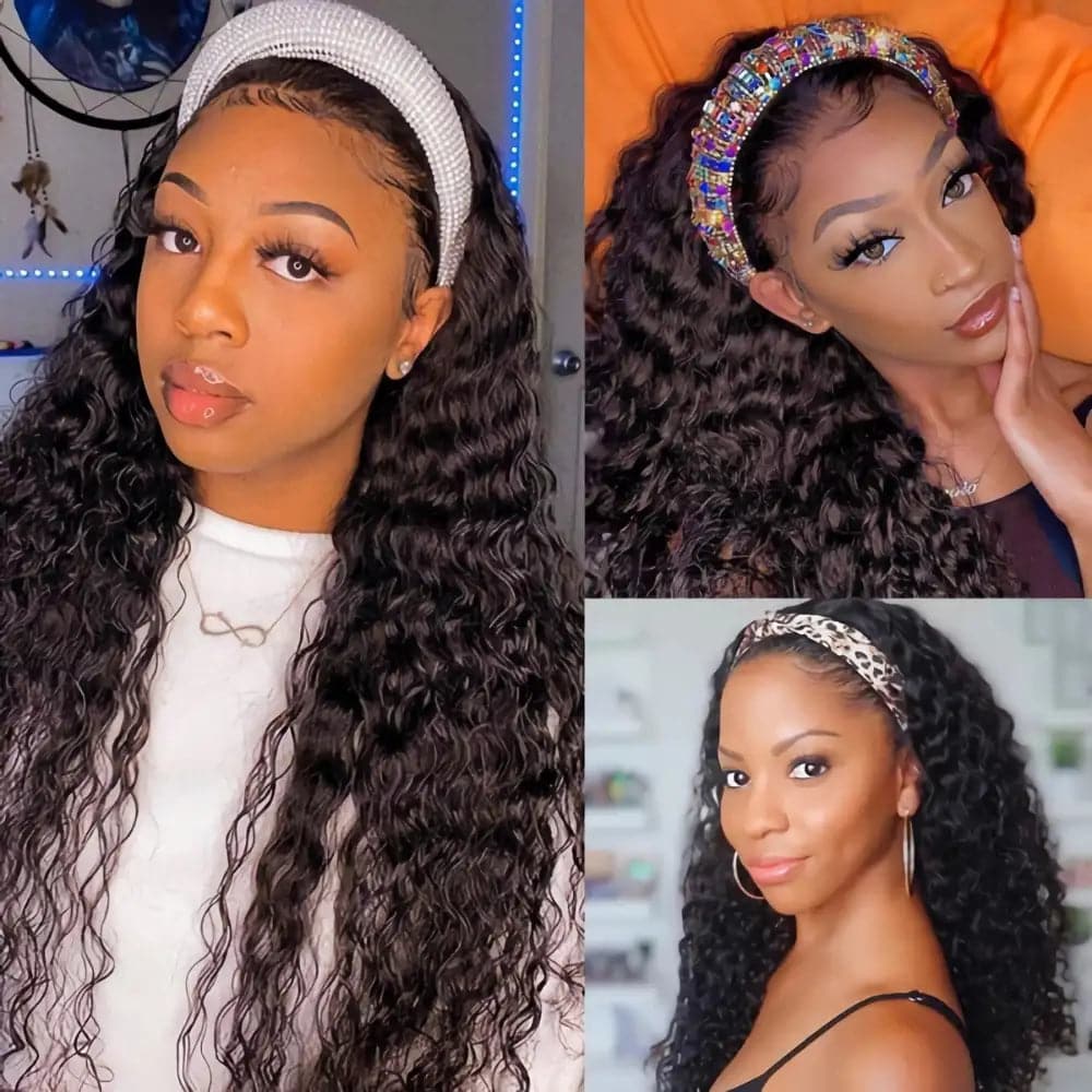 FEIBIN Deep Wave Headband Wig 100% Remy Human Hair Made with Bands