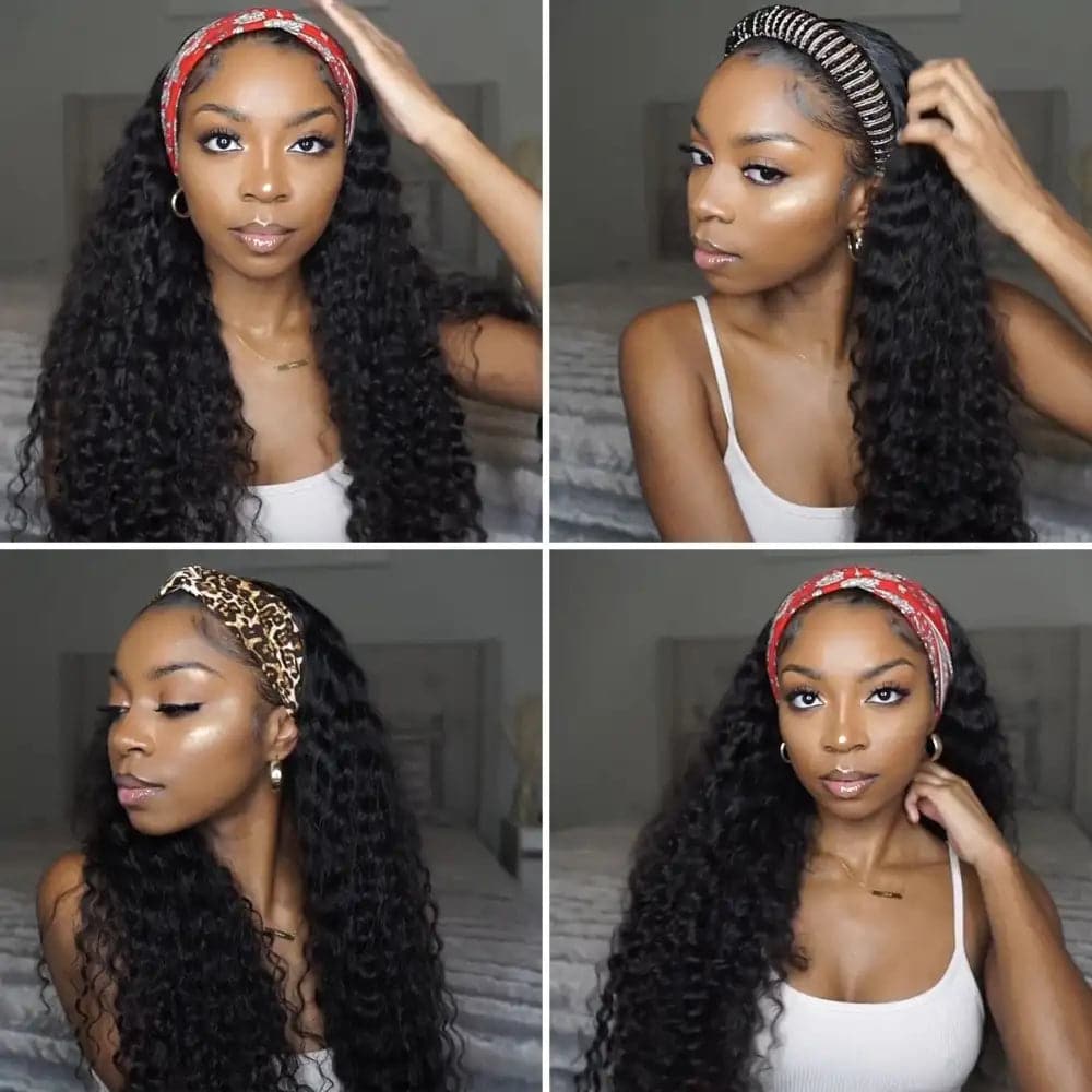 FEIBIN Deep Wave Headband Wig 100% Remy Human Hair Made with Bands