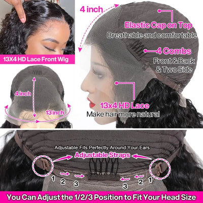 FRONBANIS High Transparency 13x4 Lace Frontal Deep Wave Natural Look Human Hair Wig