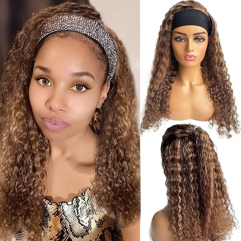 WENYAN 4/27 Ombre Colored Deep Wave Headband Wig Brazillian Hair Made Human Hair Wig with Bands